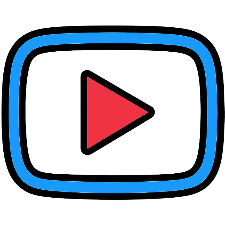 Design a modern YouTube logo with a blue outer border and white inner area, suitable for a YouTube channel with a transparent background. The style should be clean, friendly, and outlined in color with black outlines. emoji