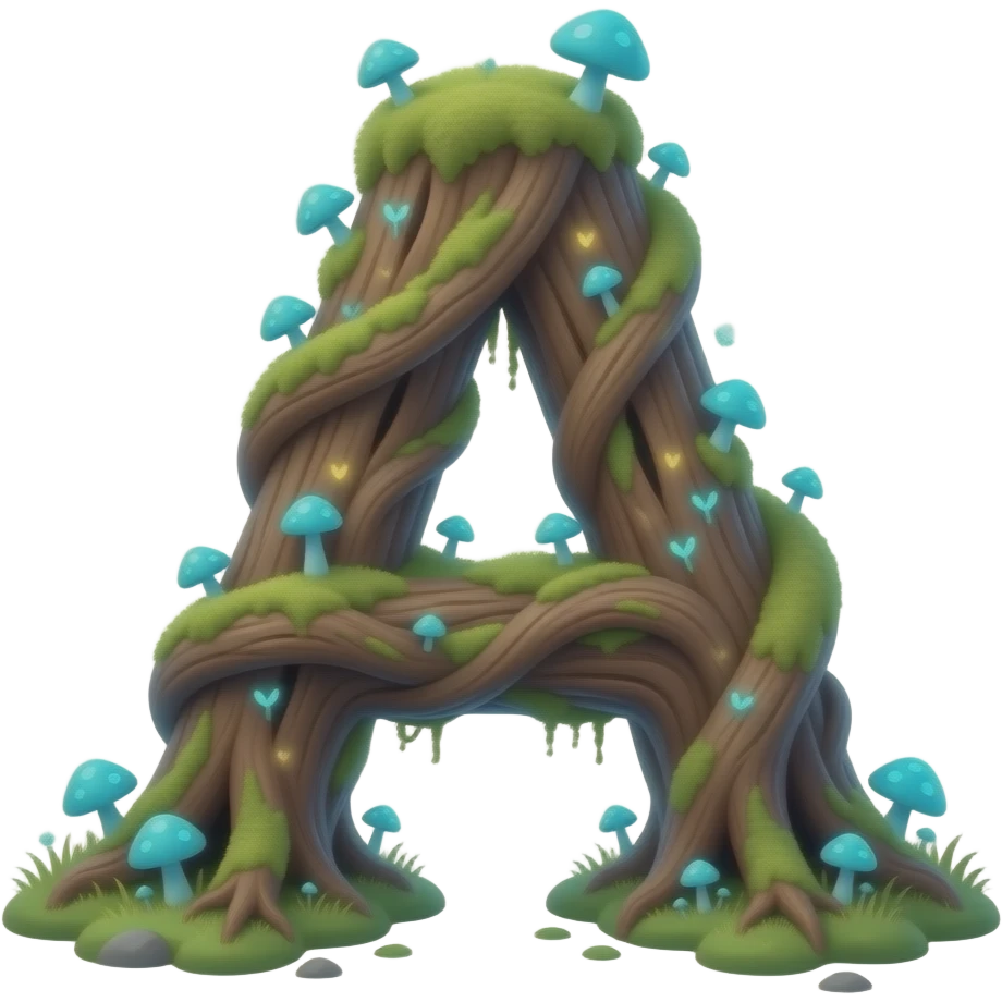 Magical letter 'A' formed from twisting ancient tree roots, overgrown with tiny neon-blue mushrooms and bioluminescent moss. Soft fireflies orbiting the letter, enchanted forest atmosphere, macro photography style emoji