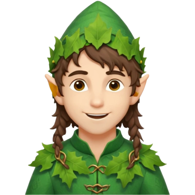 handsome elf with messy brunette hair wearing a leafy outfit and smile confidently emoji