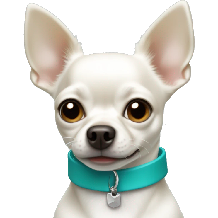 White Chihuahua with underbite wearing teal collar  emoji