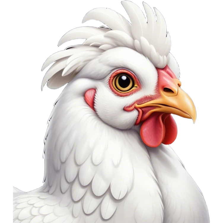 Cinematic Noble White Chicken Portrait Emoji, Poised and regal, with a compact, sturdy build and a pristine, well-groomed pure white plumage, deep-set soulful beady eyes, Simplified yet sharp and sophisticated features, highly detailed, glowing with a soft, dignified glow, high shine, intelligent and alert, stylized with an air of barnyard elegance, focused and attentive, soft glowing outline, capturing the essence of a watchful and confident fowl, so majestic it feels as though it could strut out of the screen with effortless authority! emoji