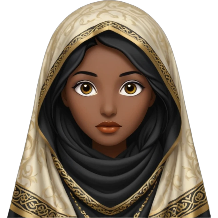 Apariencia: Mujer joven, morena, de gran belleza y porte misterioso.
-Rostro: Ojos grandes y negros, mirada intensa y fija; labios marcados.
-Cabello: Negro, largo y brillante, suele ir cubierto parcialmente por un velo o pañuelo oriental. emoji