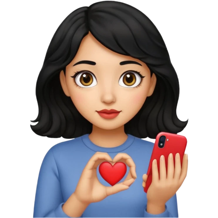 chica de cabello negro, corto y ondulado, haciendo un corazón con la mano, estilo emoji de iPhone, ojos grandes emoji