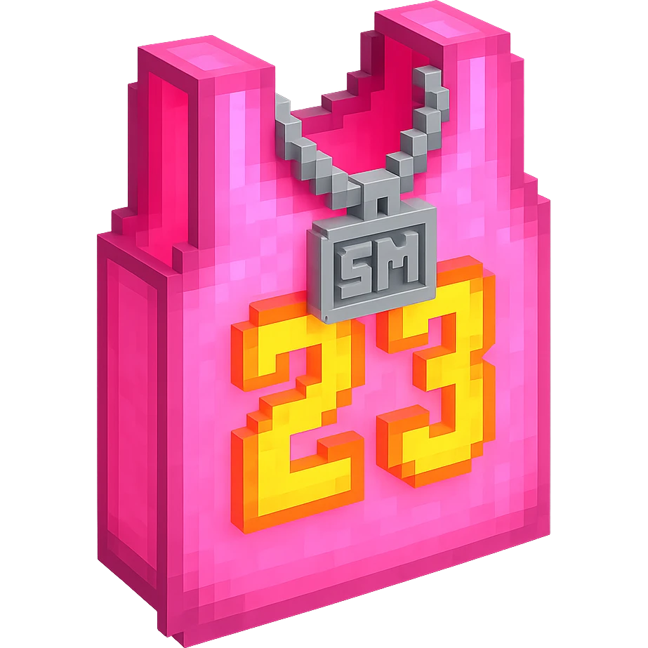 светящейся розовая баскетбольная майка с надписью "23" и серебряная цепь с надписью "SM", no background emoji