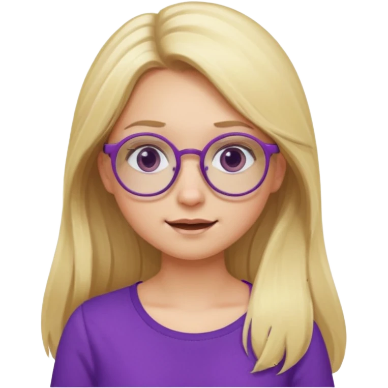una chica rubia con el pelo largo, gafas redondas, vestida con un top morado, y con diferentes expresiones emoji