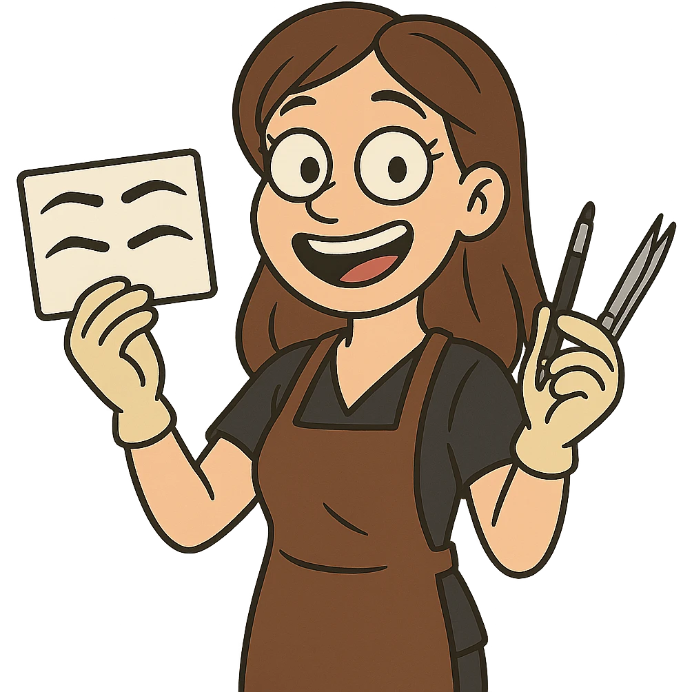 cartoon style microblading artist with brow stencils and tools cheerful emoji