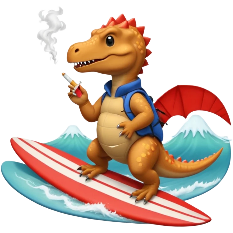 dinosual smokig a ciggerett while surfing wearing canada goose  emoji