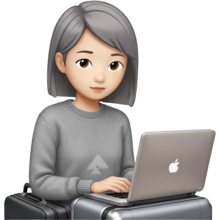 페르소나 요약 : 교환학생을 준비하는 대학생. 동양인 중성 20대의 상반신, 캐주얼한 옷(니트, 맨투맨)을 입은 채 노트북을 보고 있으며 옆 한켠에는 캐리어가 함께 준비되어 있어요. 안경은 끼지 않았어요 emoji