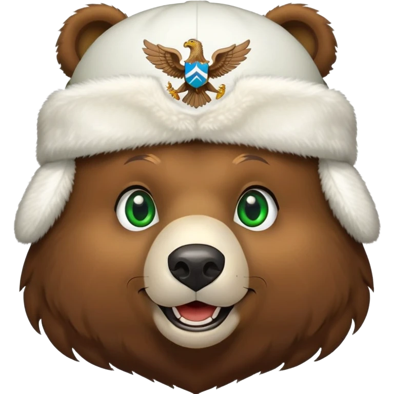 Endearing brown bear head with cute smile and bright green eyes, wearing white ushanka hat with detailed Russian eagle emblem in middle, iOS emoji style emoji