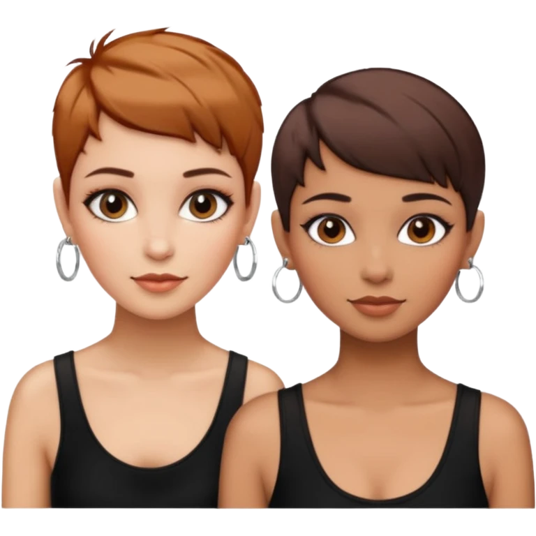 Puerto Rican fair skin straight brown pixie cut hair with hoop earrings make up and my best friend caramel colored pixie cut with jewelry and makeup on her face besties side-by-side wearing black  emoji