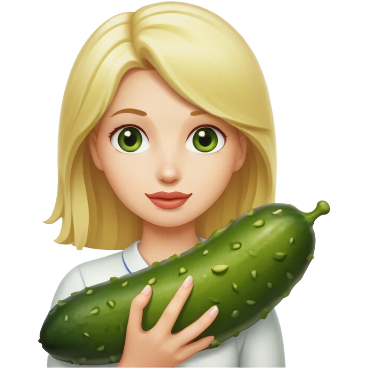 Blonde woman holding big pickle emoji