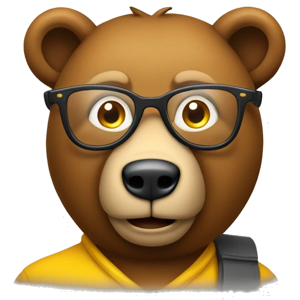 Apple emoji style brown bear animal as a university professor, wearing clear yellow plastic thick-rimmed glasses emoji