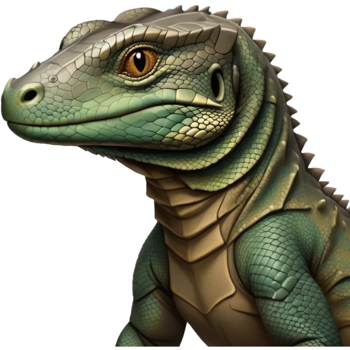 Cinematic Realistic Noble Komodo Dragon Portrait Emoji, Poised and imposing, with a massive, rugged build and a weathered, intricately scaled hide in earthy olive and dark tones, a distinct, powerful head with sharply defined features and piercing eyes, rendered in lifelike detail with natural texture and shadow, high shine, intelligent and formidable, styled with an air of ancient reptilian authority, focused and attentive, soft glowing outline, capturing the essence of a watchful and commanding Komodo dragon that appears ready to emerge from the screen with raw power! emoji