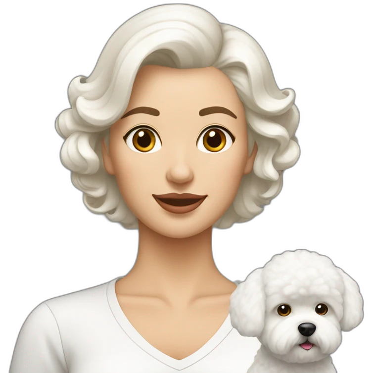 mujer con peinado de moño y perro bichon maltés blanco emoji