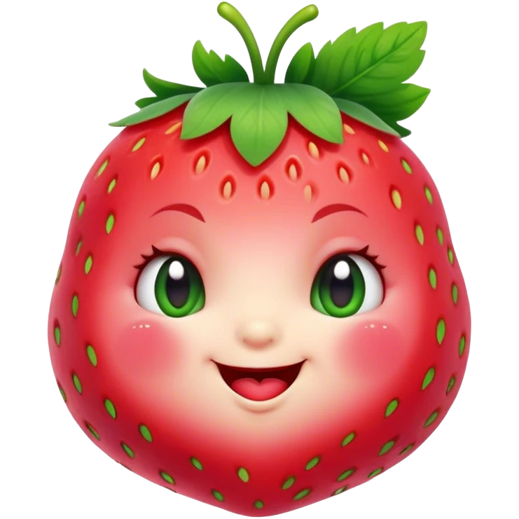 Cinematic plump happy strawberry, glossy bright red, tiny round eyes and blushing cheeks, green leafy top slightly tilted, cheerful and charming. emoji