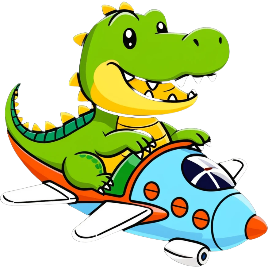 cheerful crocodile riding on top of an airplane emoji