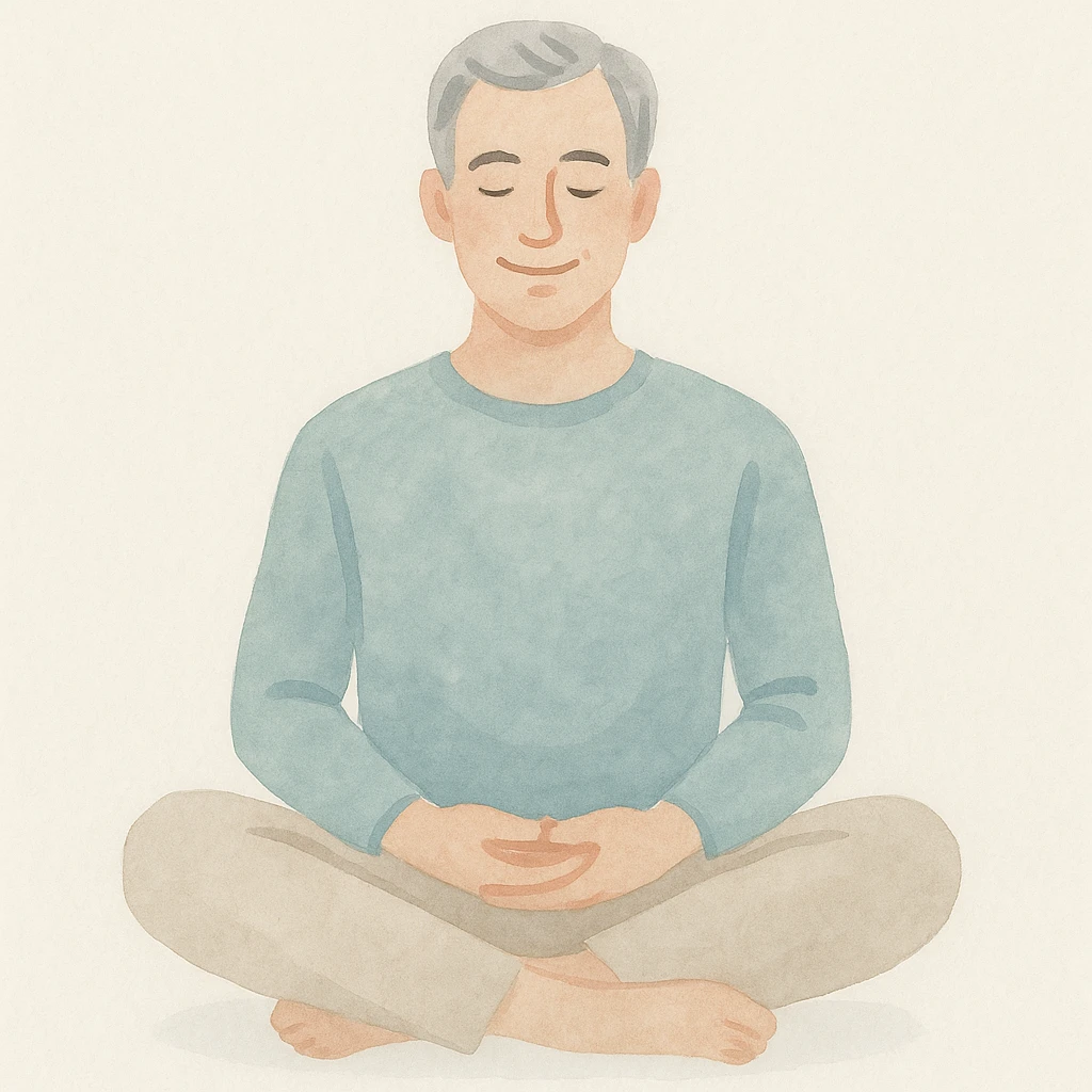gray haired 50-year old white man peacefully meditating, smiling, back straight, legs crossed, hands in his lap, serene, calm, mindfulness, manifesting, soft watercolor style emoji