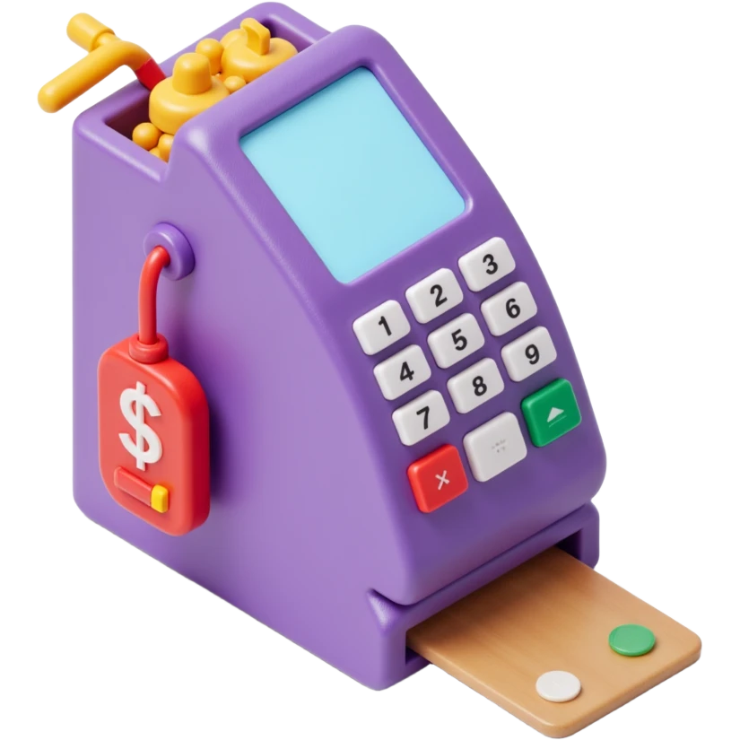 POS machine with a touchscreen and a credit card, skeuomorphism icon style, realistic and vibrant emoji