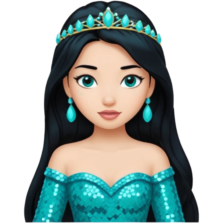 Jasmine from Disney Princess with long black hair, turquoise sequin outfit emoji