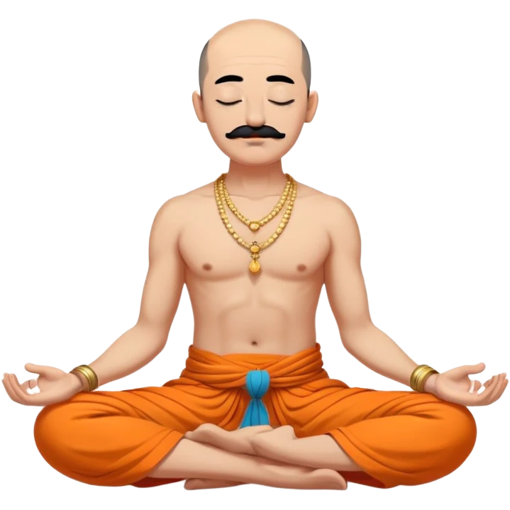 сossack with bold head, very long 15 inch black mustache, lock of black hair sprouting from the top of the shaven head, meditating bare torso with closed eyes in lotus pose in long orange indian dhoti covering the legs emoji