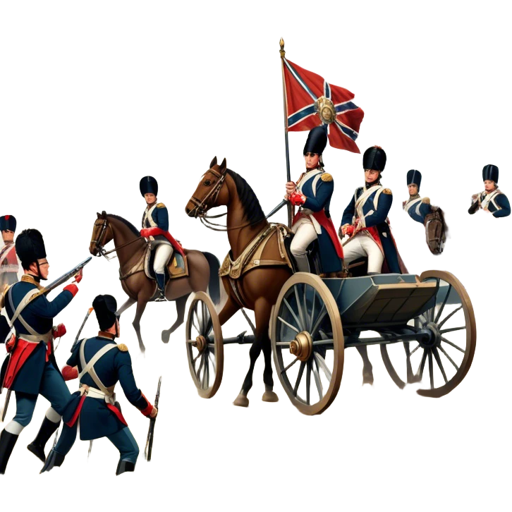 A vintage movie poster-style design depicting a dramatic Napoleonic War scene. Include soldiers in period uniforms, cannons, and a battlefield with flags and horses. The background should evoke a sense of battle and history, with old-fashioned cinematic flair. Transparent background. emoji