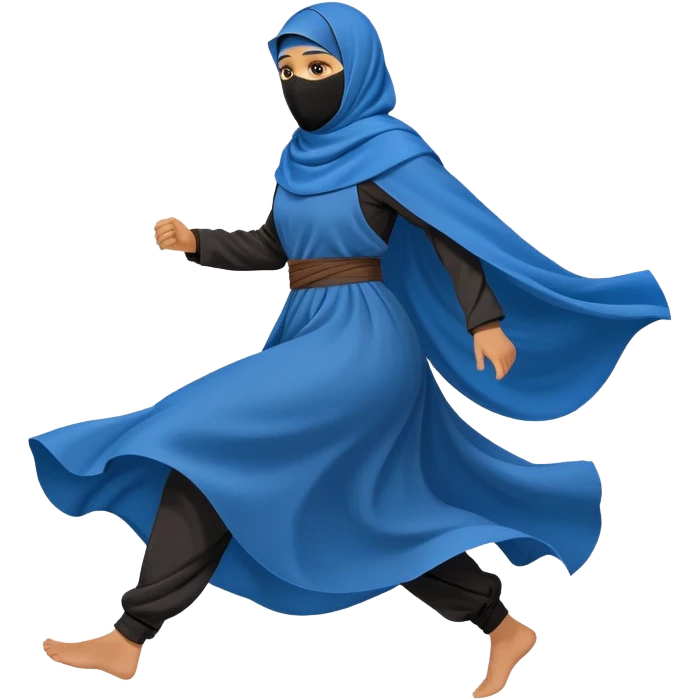 person in a blue niqab with billowing, loose clothing, running, side view emoji