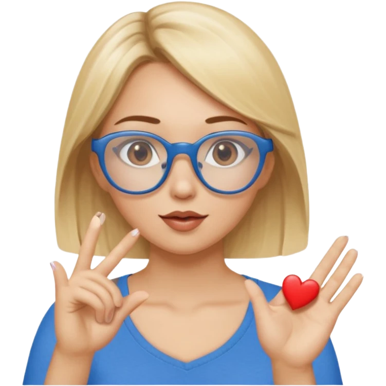 Asthectic Blonde women with brown eyes, blue glasses, waering a brown top, blowing a kiss with a small heart around her. Make sure she has 5 fingers emoji