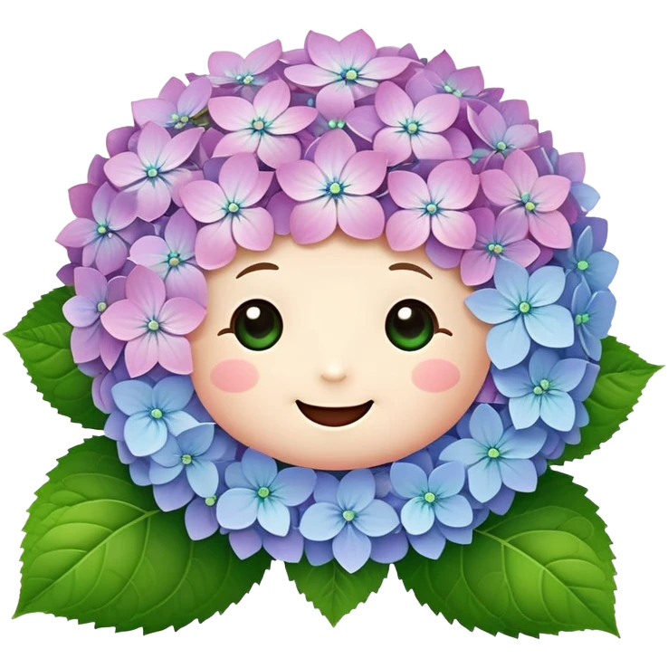 Adorable cute hydrangea flower with happy face, puffy round cluster of pastel colored tiny blooms, cheerful appearance, and cute little green leaves emoji