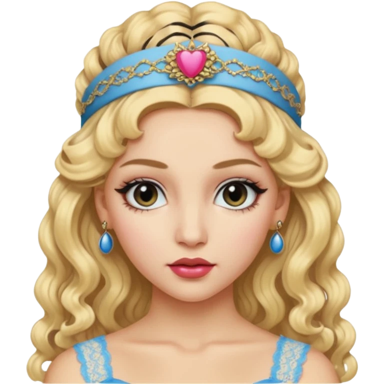 Make her an 80s girl with long blonde permed big hair, 80s makeup, Madonna style lace headband emoji