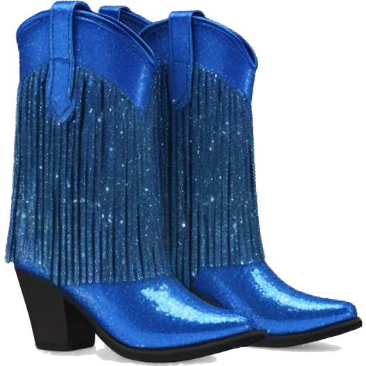 Realistic cobalt blue fashion cowgirl boots with sparkly shiny glitter fringe on them. emoji