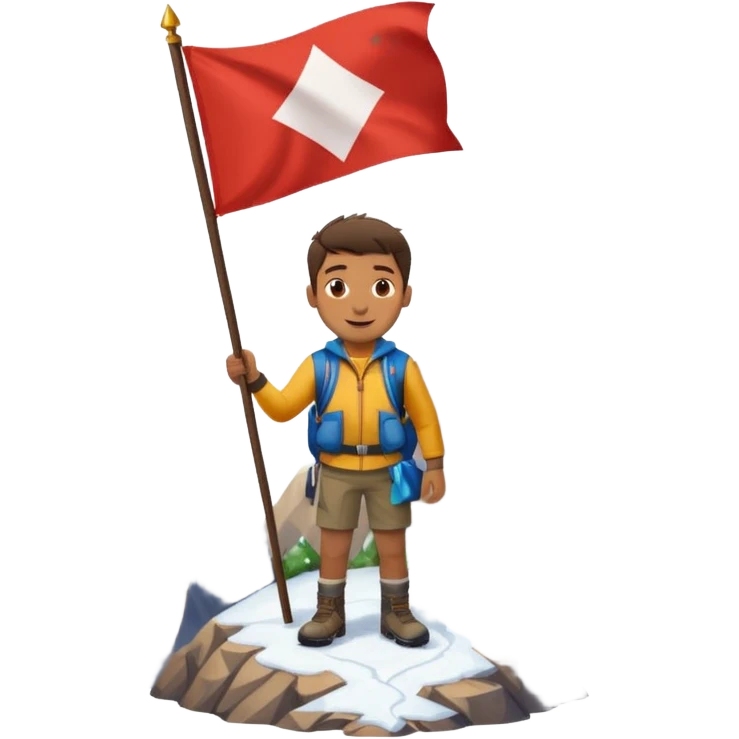 a happy guy standing on a large, detailed mountain with a little snow under his feet, holding a flag emoji