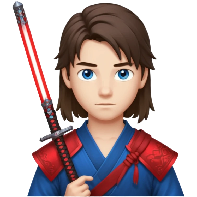 A 14 year old with red glowing katana and his hair be long and eye colour of blue make it boy  emoji