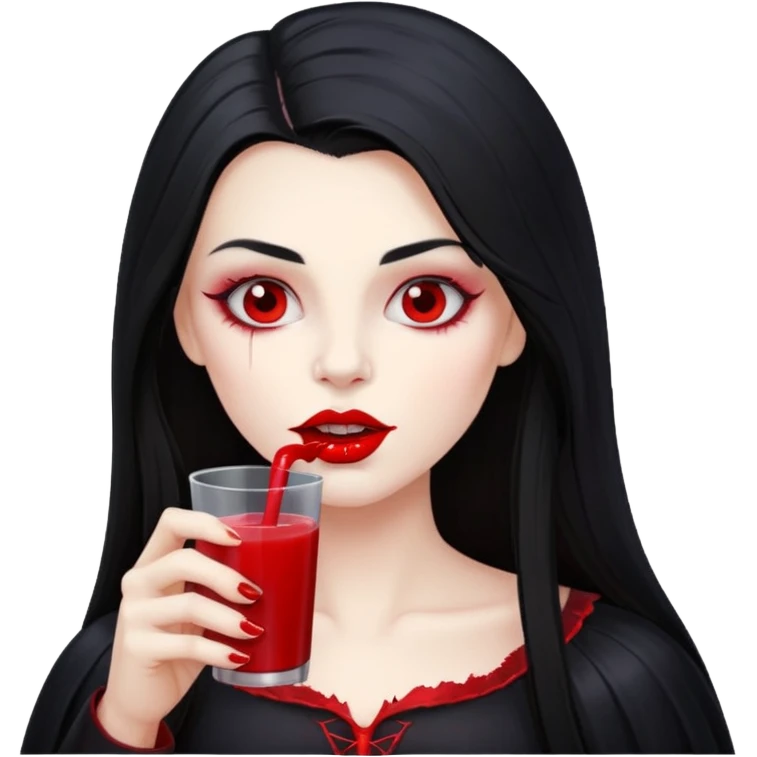 vampire using a juice box, long hair, red juice emoji