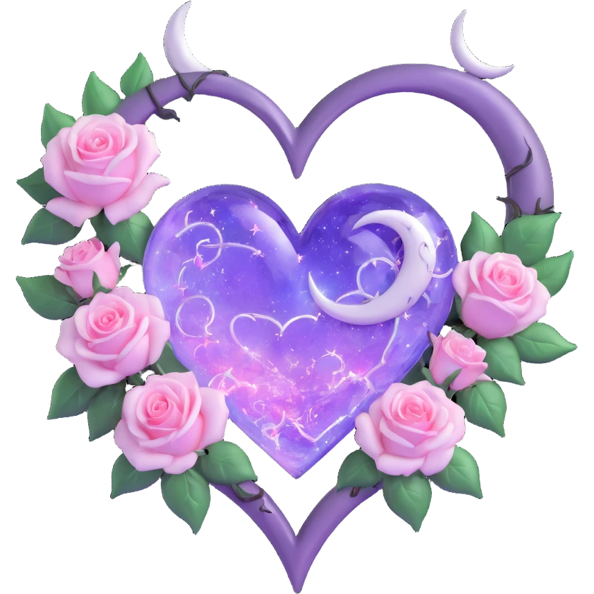 gothic heart made of pastel lilac glass, silver crescent moon, glowing white roses, holographic stardust, neon pink lightning, drenched and splintered glass emoji