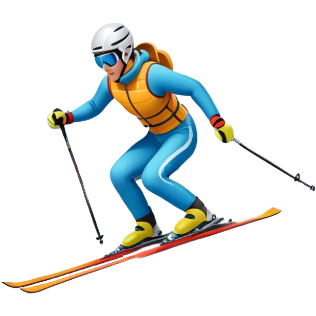 An icon featuring a skier racing down a snow-covered slope, surrounded by snowy peaks and pine trees. The design includes ski poles, bright winter gear, and dynamic motion lines, capturing the thrill and speed of alpine skiing. Transparent background emoji