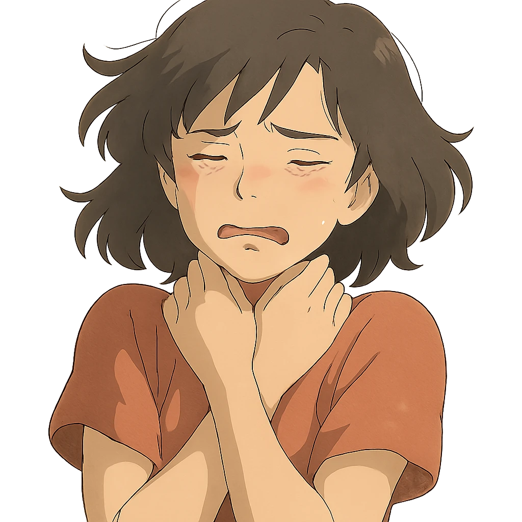 ghibli style girl with a pained expression, hands gently at her neck, soft lighting, emotional focus emoji