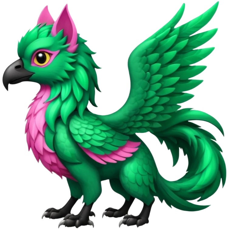 Emerald-green gryphon with a long tufted tail, black beak, pink swirly pattern markings, black claws, black tail, majestic, realistic, furry (full body) emoji