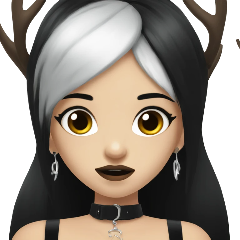 Portrait. Goth, deer girl. Wearing a black sleeveless dress with a choker. She has White antlers and deer ears. Long Black hair. She looks angry emoji