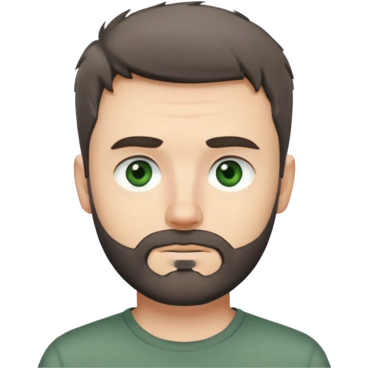 white man with dark messy short hair, dark green eyes, gray t-shirt, and short beard emoji