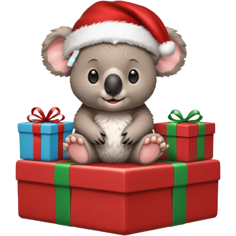 Koala sitting on toniebox speaker with a santa hat and presents around him, make the backroun festive emoji