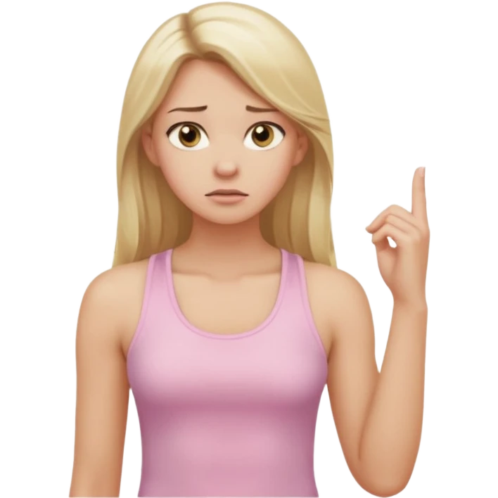 Create a young woman with long blonde hair, golden eyes, and medium-light skin tone, wearing a light pink tank top and leggings. She should be in portrait mode, but with a subtle doubting facial expression—slightly raised eyebrow, small frown, .  and her hand next to her chin like this emoji 🤔 emoji