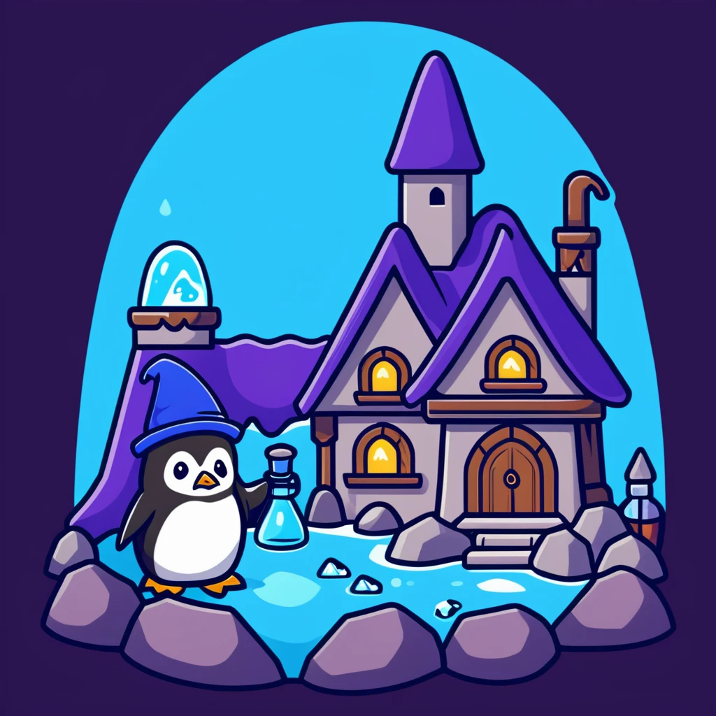 Cozy wizard's cottage for a penguin, ice cave with magical blue glow and potion bottles emoji