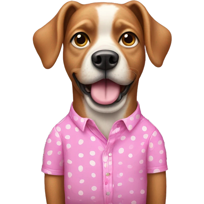 Dog wearing a pink polkadotted shirt talking on a cell phone emoji
