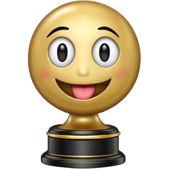 An Oscar statuette with a black base and a smiling round emoji face for the head, with its tongue sticking out. The emoji face should have no rosy cheeks, just a simple yellow face with black eyes and a wide, playful mouth. emoji