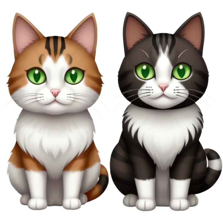 Grey and white cat next to a brown and black striped with white fluffy fur cat. Both cats have green eyes. The brown, black, and white one is bigger than the grey one. Make them look majestic  emoji