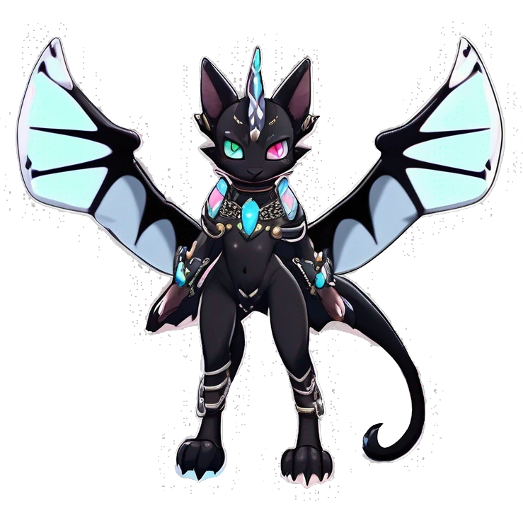 Anthro cool punk kawaii edgy distinguished pretty elegant beautiful fantasy black ethereal cartoon nargacuga-Noivern-sphynx-Quiana-Fakemon collar harness chains necklace full body emoji