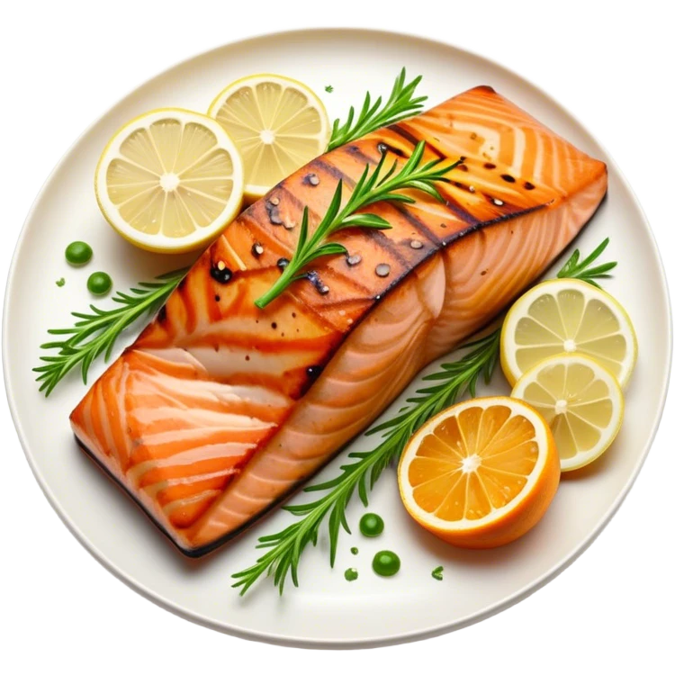Cinematic perfectly grilled salmon, rich orange hues with crispy skin, garnished with fresh herbs, drizzled with lemon, ultra-detailed and delicious. emoji