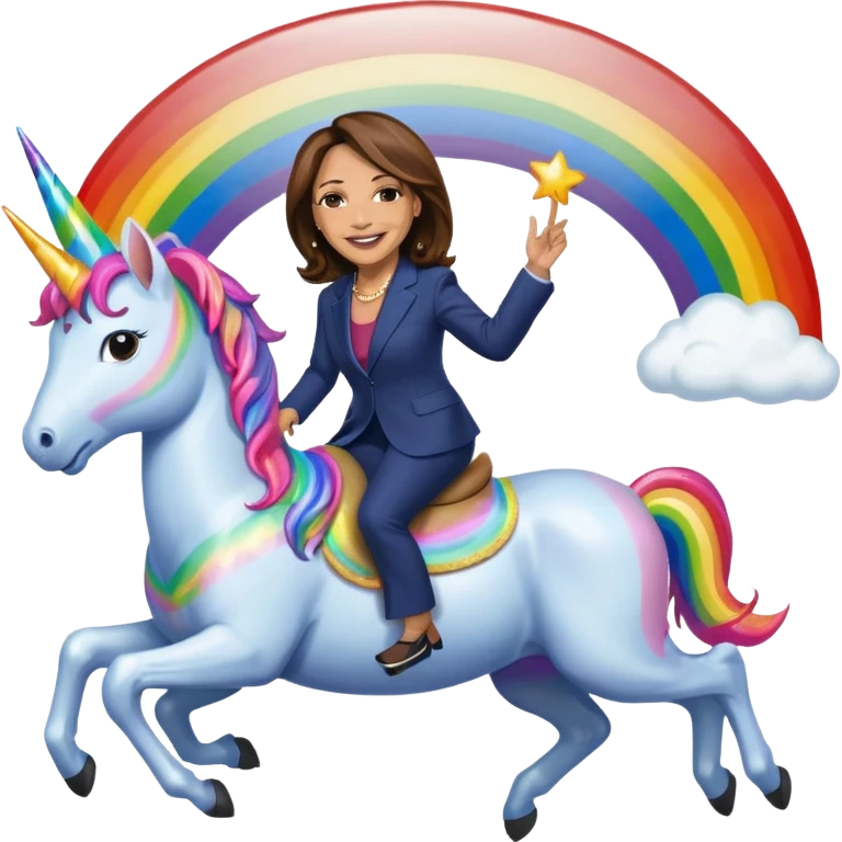 Kamala Harris and donald trump riding a rainbow unicorn emoji