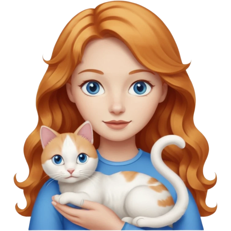 Long wavy strawberry blonde blue eyes woman with a white cat with blue eyes realistic  emoji