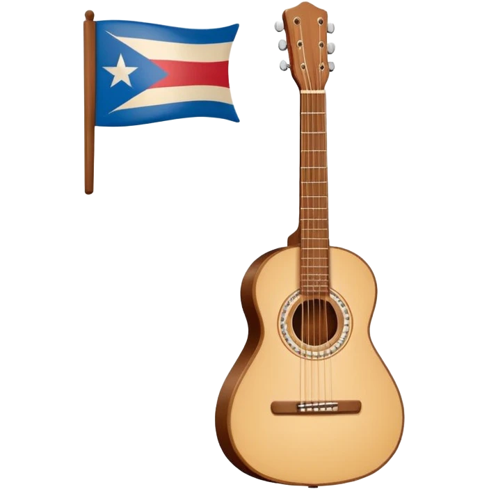 “Flat vector icon of a Cuban tres guitar in three-quarter view, warm brown wood with 3 string courses, thick outline, centered on a warm cream or beige rounded-square (or circle); add a small simplified Cuban flag (blue, red, white) on the soundboard like a sticker.  emoji